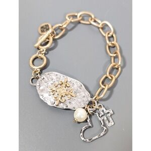 Boho Chic Gold Tone Heart Cross Charm Chain Bracelet Hammered Style 7"